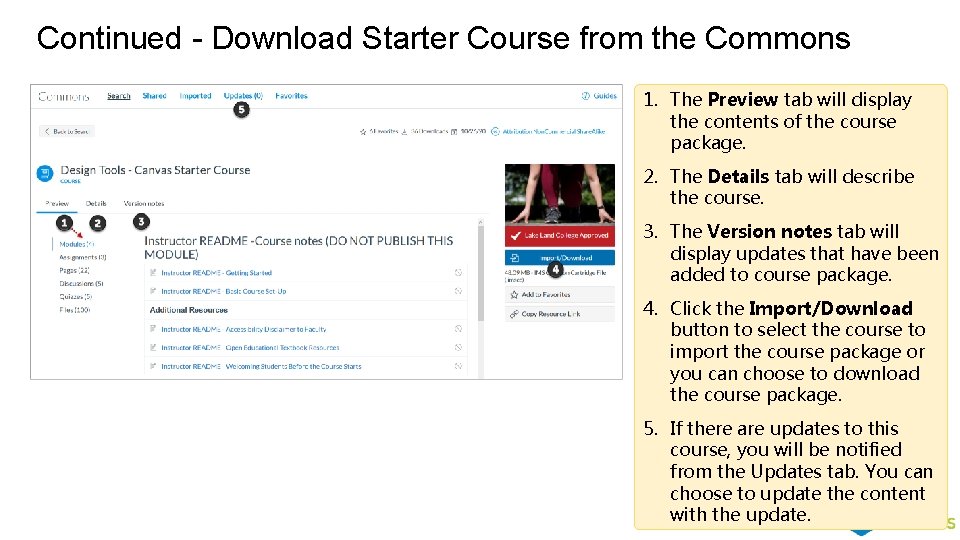 Continued - Download Starter Course from the Commons 1. The Preview tab will display