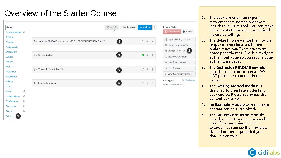 Overview of the Starter Course 1. The course menu is arranged in recommended specific