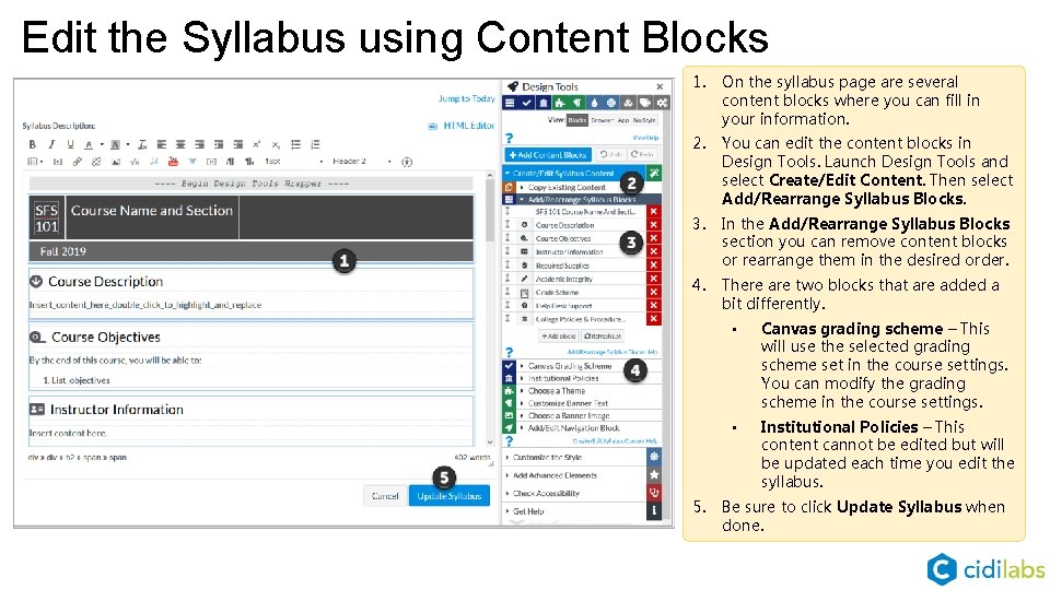 Edit the Syllabus using Content Blocks 1. On the syllabus page are several content