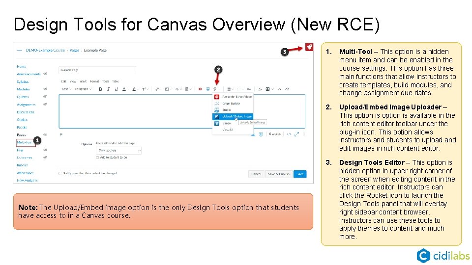 Design Tools for Canvas Overview (New RCE) Note: The Upload/Embed image option is the
