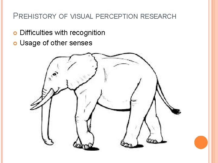 PREHISTORY OF VISUAL PERCEPTION RESEARCH Difficulties with recognition Usage of other senses 