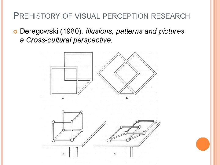 PREHISTORY OF VISUAL PERCEPTION RESEARCH Deregowski (1980). Illusions, patterns and pictures a Cross-cultural perspective.