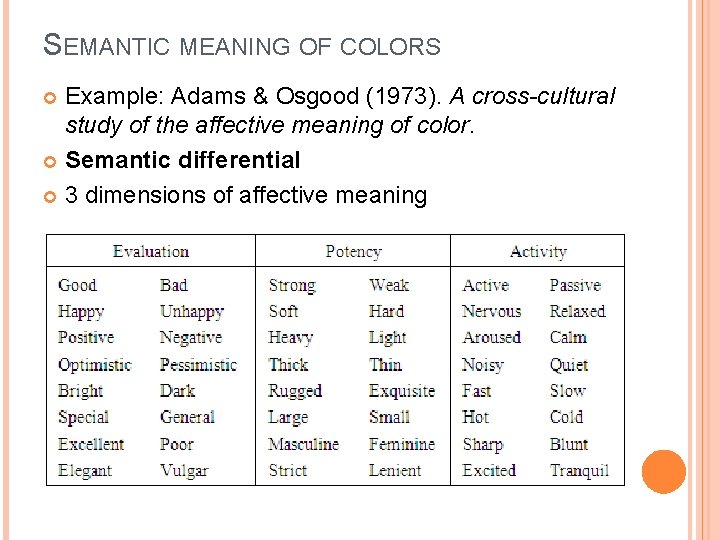 SEMANTIC MEANING OF COLORS Example: Adams & Osgood (1973). A cross-cultural study of the