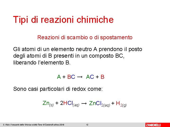 Tipi di reazioni chimiche Reazioni di scambio o di spostamento Gli atomi di un