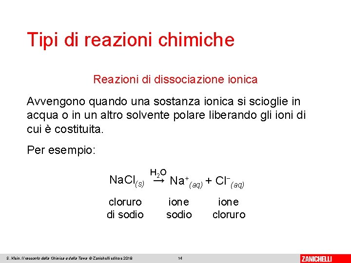 Tipi di reazioni chimiche Reazioni di dissociazione ionica Avvengono quando una sostanza ionica si