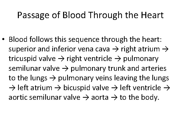 Passage of Blood Through the Heart • Blood follows this sequence through the heart: