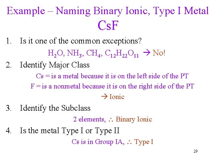 Example – Naming Binary Ionic, Type I Metal Cs. F 1. Is it one