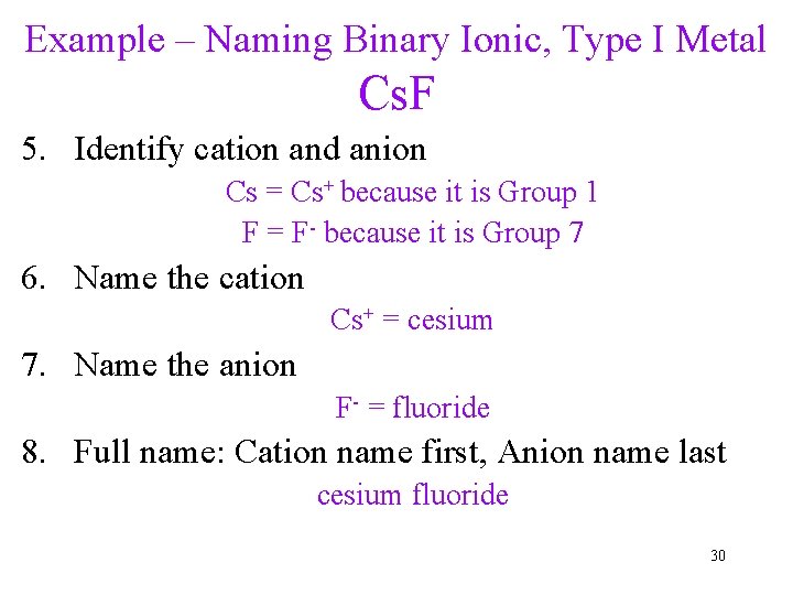 Example – Naming Binary Ionic, Type I Metal Cs. F 5. Identify cation and