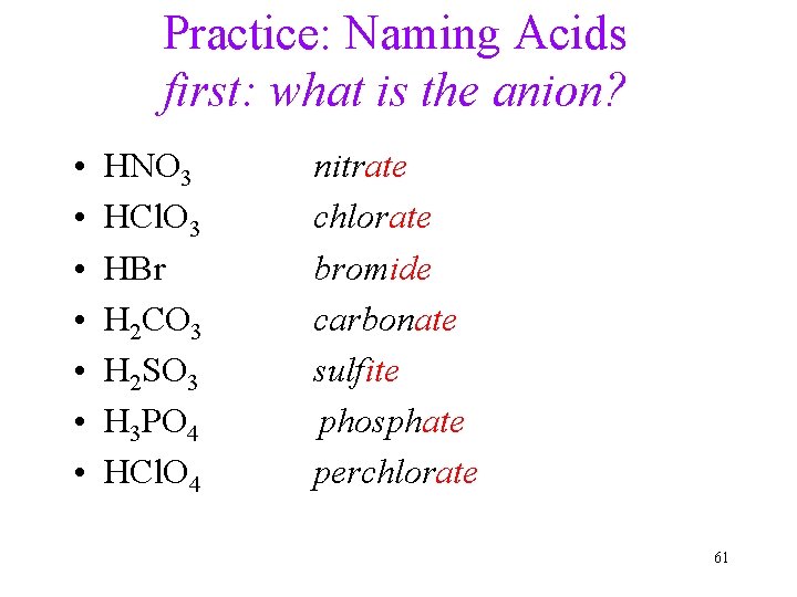 Practice: Naming Acids first: what is the anion? • • HNO 3 HCl. O