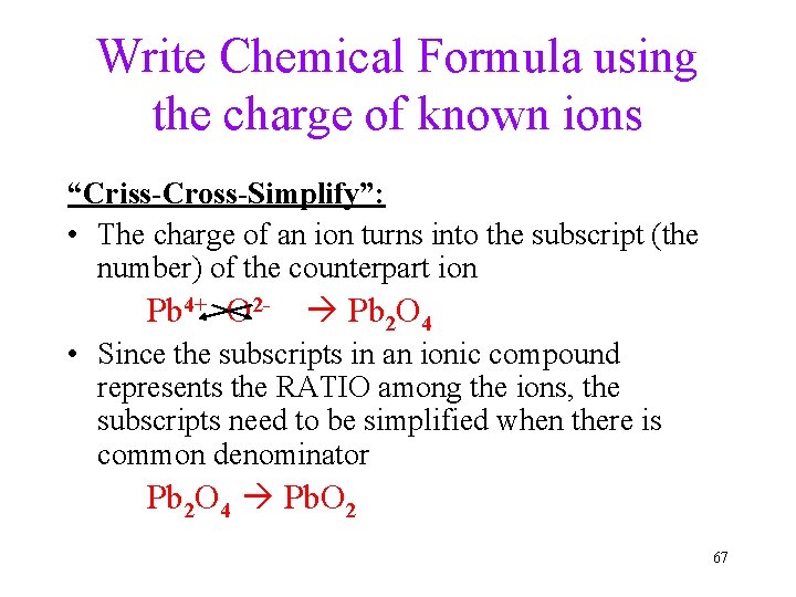 Write Chemical Formula using the charge of known ions “Criss-Cross-Simplify”: • The charge of