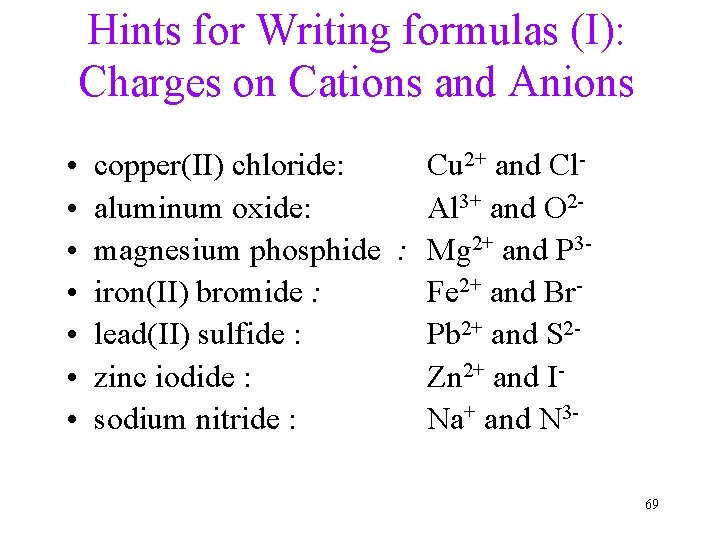 Hints for Writing formulas (I): Charges on Cations and Anions • • copper(II) chloride: