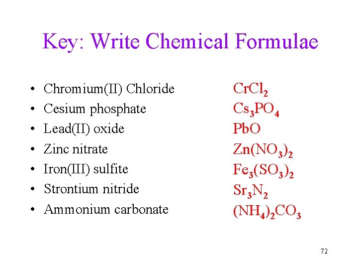 Key: Write Chemical Formulae • • Chromium(II) Chloride Cesium phosphate Lead(II) oxide Zinc nitrate