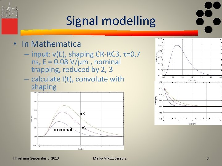 Signal modelling • In Mathematica – input: v(E), shaping CR-RC 3, τ=0, 7 ns,