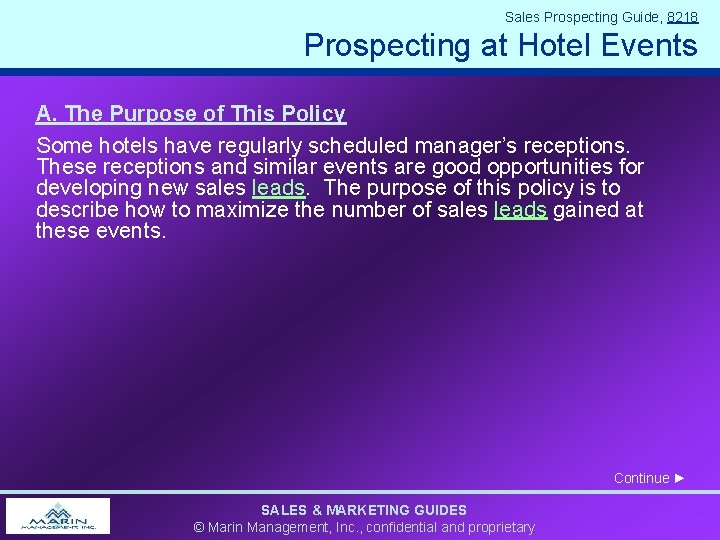 Sales Prospecting Guide, 8218 Prospecting at Hotel Events A. The Purpose of This Policy