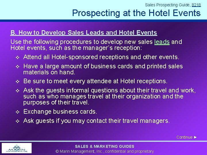 Sales Prospecting Guide, 8218 Prospecting at the Hotel Events B. How to Develop Sales