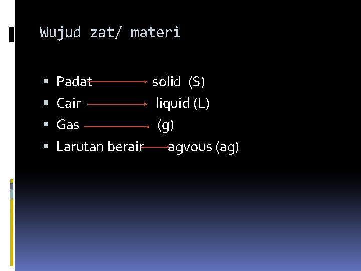 Wujud zat/ materi Padat solid (S) Cair liquid (L) Gas (g) Larutan berair agvous