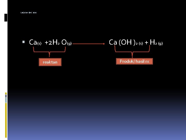 Lanjutan dari atas Ca(s) +2 H 2 O(g) reaktan Ca (OH )2 (s) +
