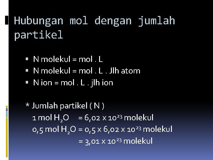 Hubungan mol dengan jumlah partikel N molekul = mol. L. Jlh atom N ion