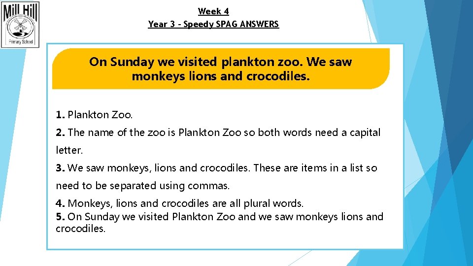 Week 4 Year 3 – Speedy SPAG ANSWERS On Sunday we visited plankton zoo.