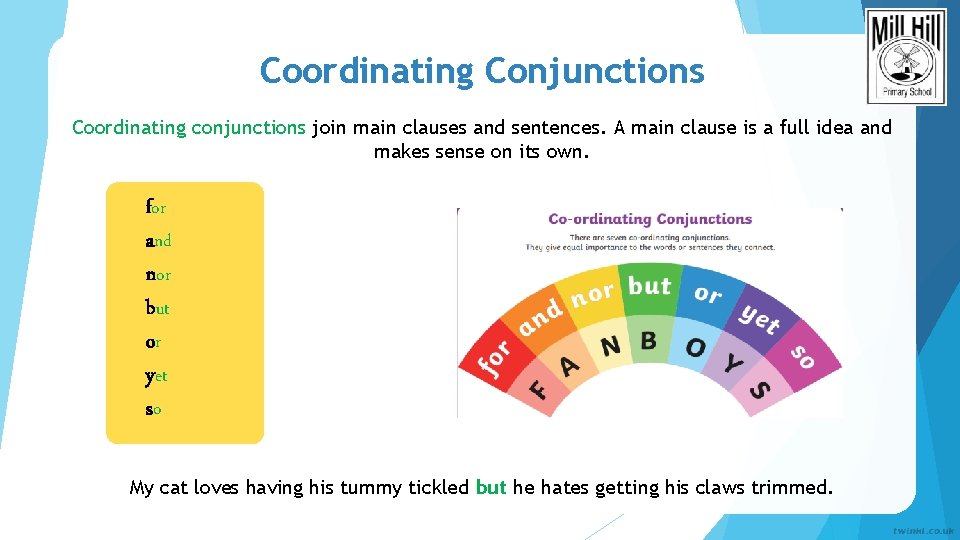 Coordinating Conjunctions Coordinating conjunctions join main clauses and sentences. A main clause is a