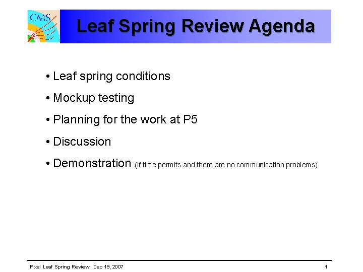 Leaf Spring Review Agenda • Leaf spring conditions • Mockup testing • Planning for