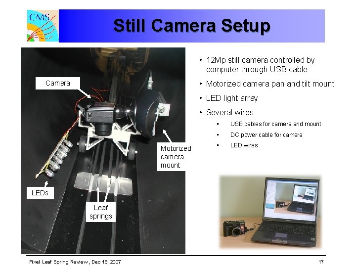 Still Camera Setup • 12 Mp still camera controlled by computer through USB cable