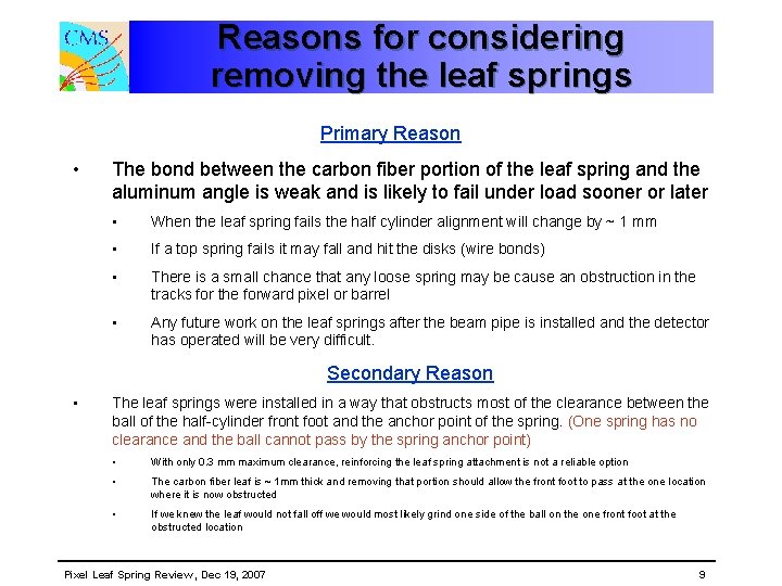 Reasons for considering removing the leaf springs Primary Reason • The bond between the