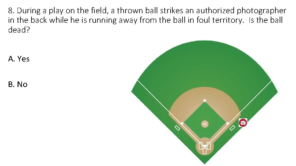 8. During a play on the field, a thrown ball strikes an authorized photographer