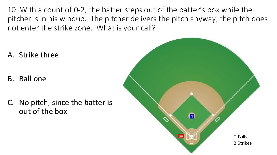 10. With a count of 0 -2, the batter steps out of the batter’s