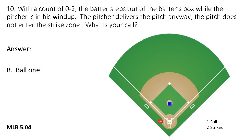 10. With a count of 0 -2, the batter steps out of the batter’s