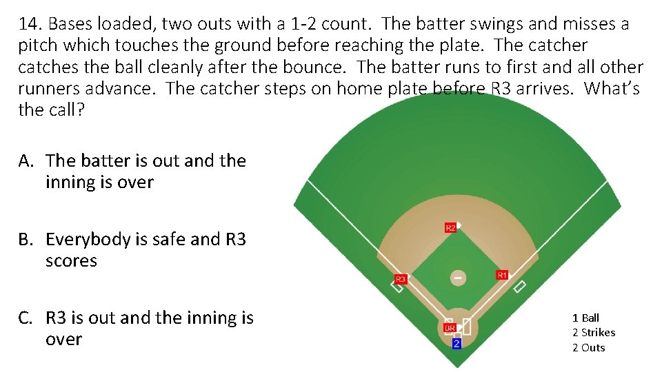 14. Bases loaded, two outs with a 1 -2 count. The batter swings and