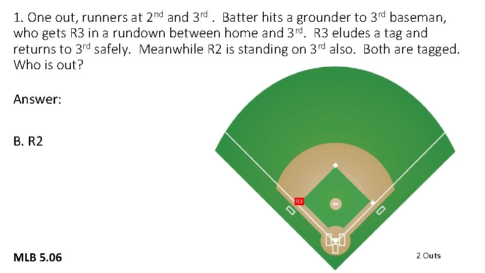 1. One out, runners at 2 nd and 3 rd. Batter hits a grounder