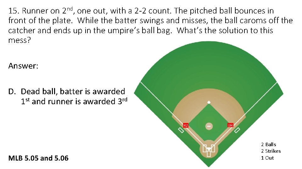 15. Runner on 2 nd, one out, with a 2 -2 count. The pitched