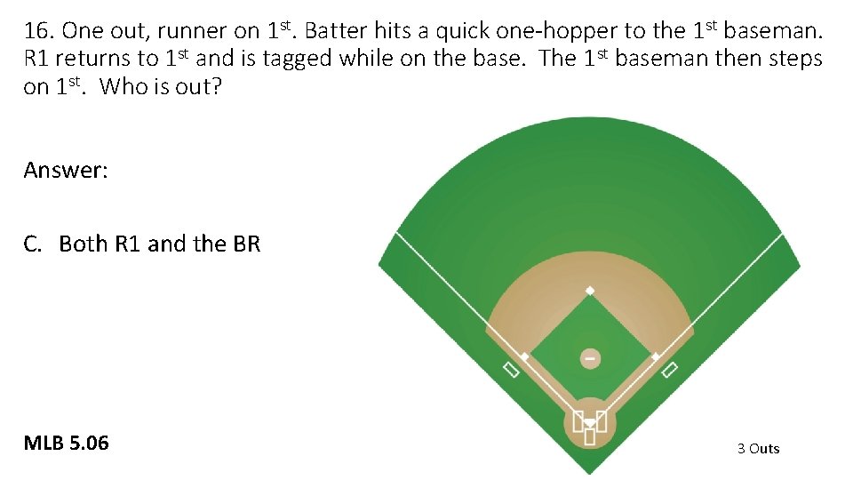 16. One out, runner on 1 st. Batter hits a quick one-hopper to the