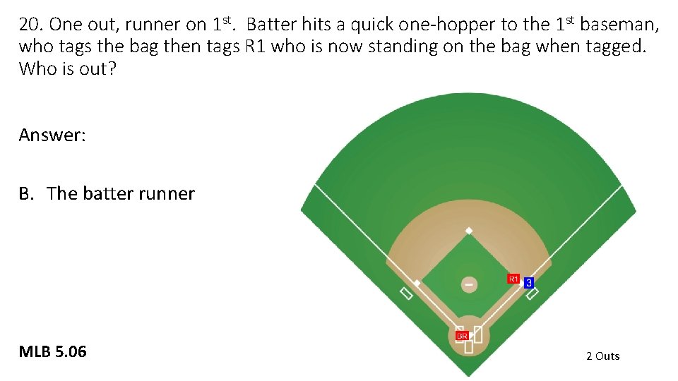 20. One out, runner on 1 st. Batter hits a quick one-hopper to the