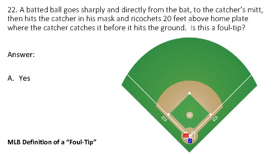 22. A batted ball goes sharply and directly from the bat, to the catcher’s