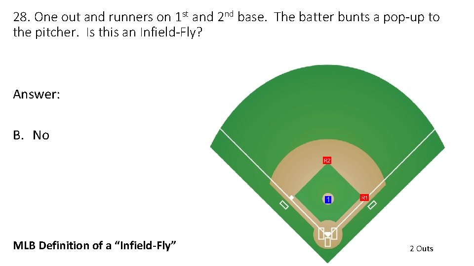 28. One out and runners on 1 st and 2 nd base. The batter