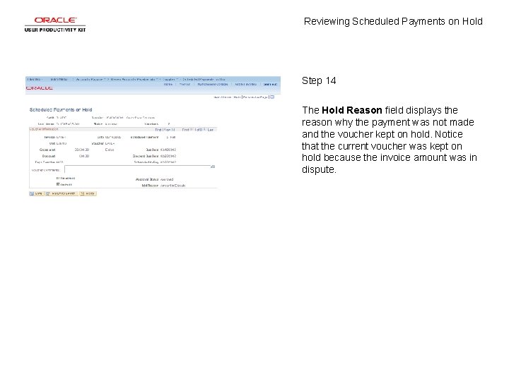 Reviewing Scheduled Payments on Hold Step 14 The Hold Reason field displays the reason