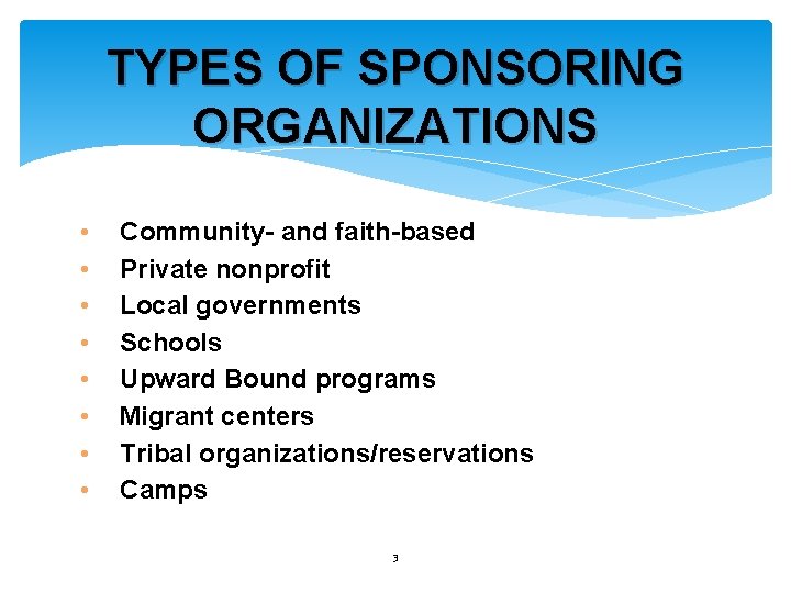 TYPES OF SPONSORING ORGANIZATIONS • • Community- and faith-based Private nonprofit Local governments Schools