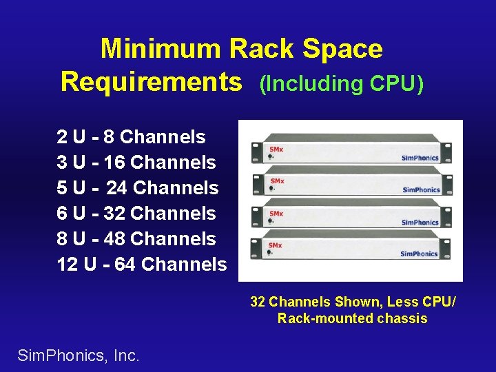 Minimum Rack Space Requirements (Including CPU) 2 U - 8 Channels 3 U -