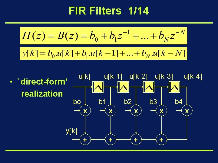 FIR Filters 1/14 • `direct-form’ realization u[k] u[k-1] b 1 bo u[k-2] b 2