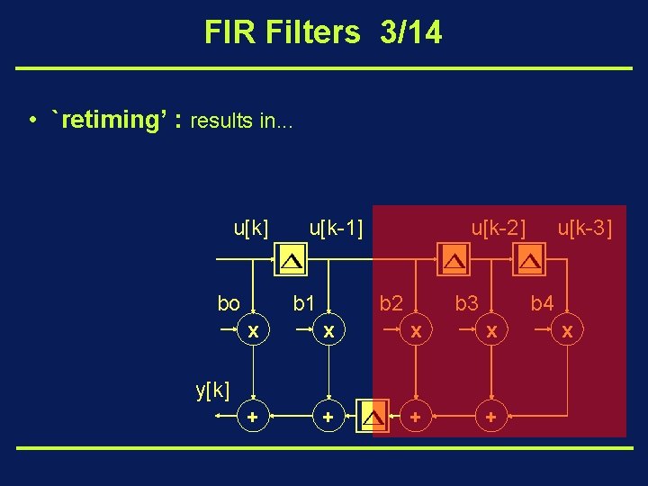 FIR Filters 3/14 • `retiming’ : results in. . . u[k] bo u[k-1] b