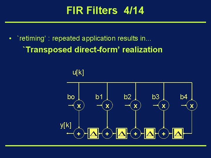 FIR Filters 4/14 • `retiming’ : repeated application results in. . . `Transposed direct-form’