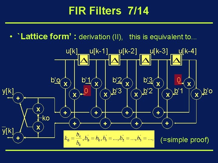 FIR Filters 7/14 • `Lattice form’ : derivation (II), this is equivalent to. .