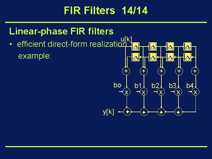 FIR Filters 14/14 Linear-phase FIR filters u[k] • efficient direct-form realization. example: + bo