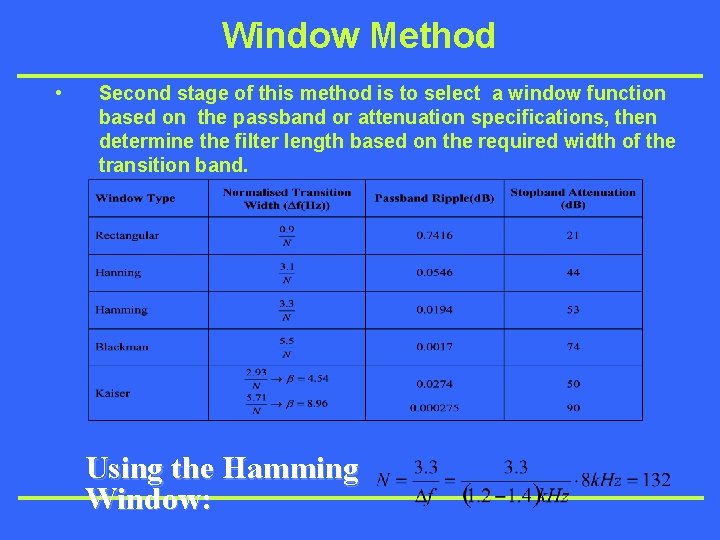 Window Method • Second stage of this method is to select a window function