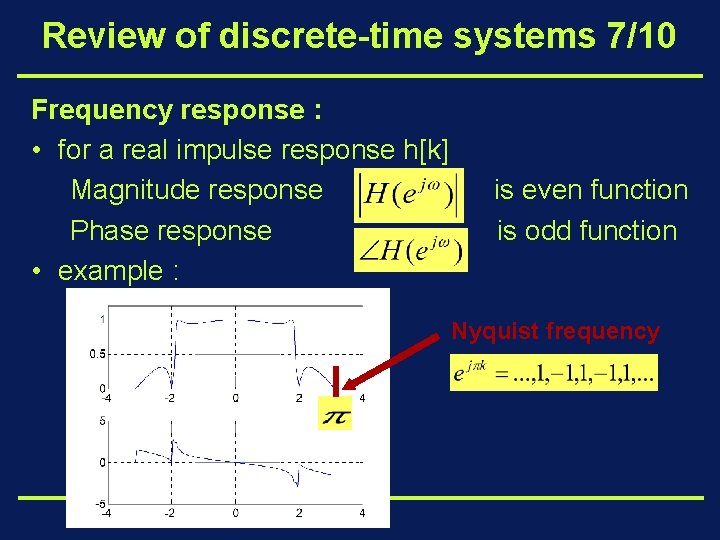 Review of discrete-time systems 7/10 Frequency response : • for a real impulse response