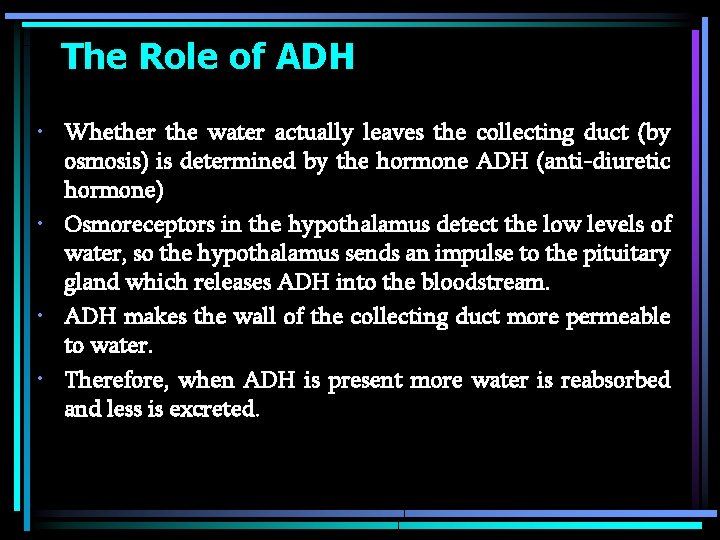The Role of ADH • Whether the water actually leaves the collecting duct (by