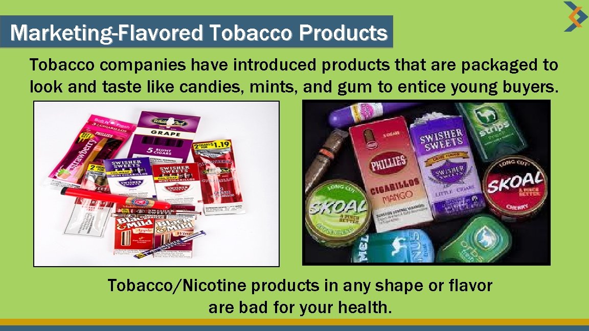 Marketing-Flavored Tobacco Products Tobacco companies have introduced products that are packaged to look and