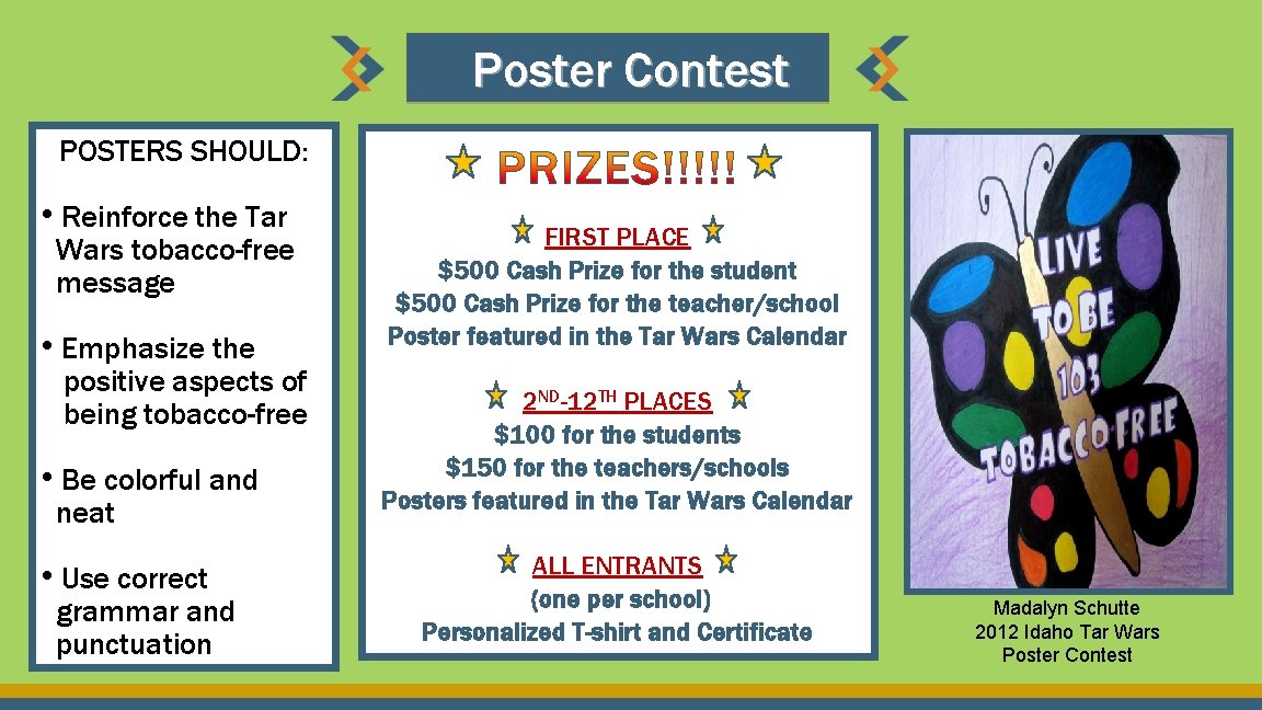Poster Contest POSTERS SHOULD: • Reinforce the Tar Wars tobacco-free message • Emphasize the